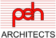PEH Architects logo with red modern lettering and black architectural text on a transparent background