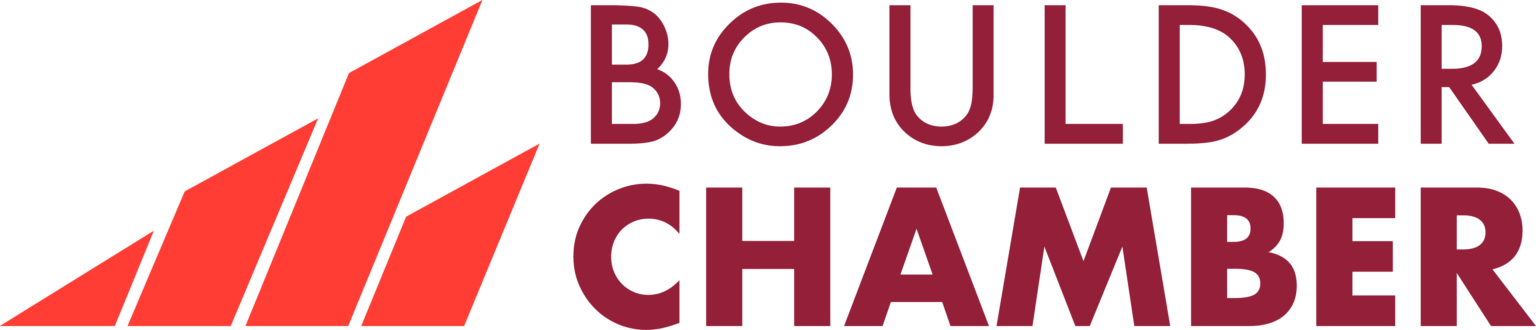 Boulder Chamber logo featuring red geometric mountain-style icon and bold burgundy text