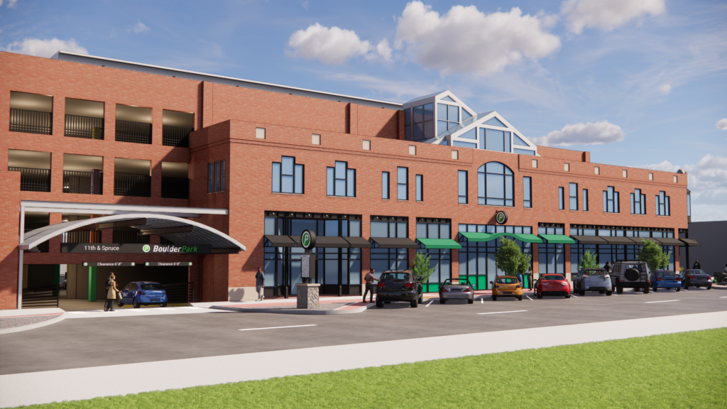 3D architectural rendering of a brick mixed-use building with storefronts, parking entrance, and modern urban design