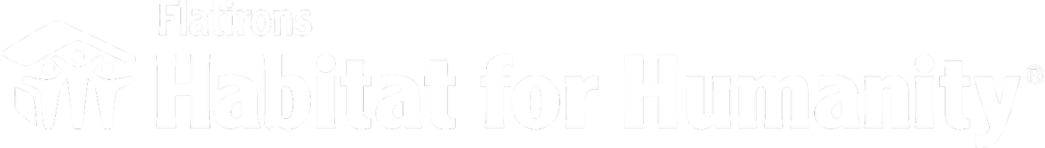 Flatirons Habitat for Humanity logo featuring a white house icon and text on a dark background