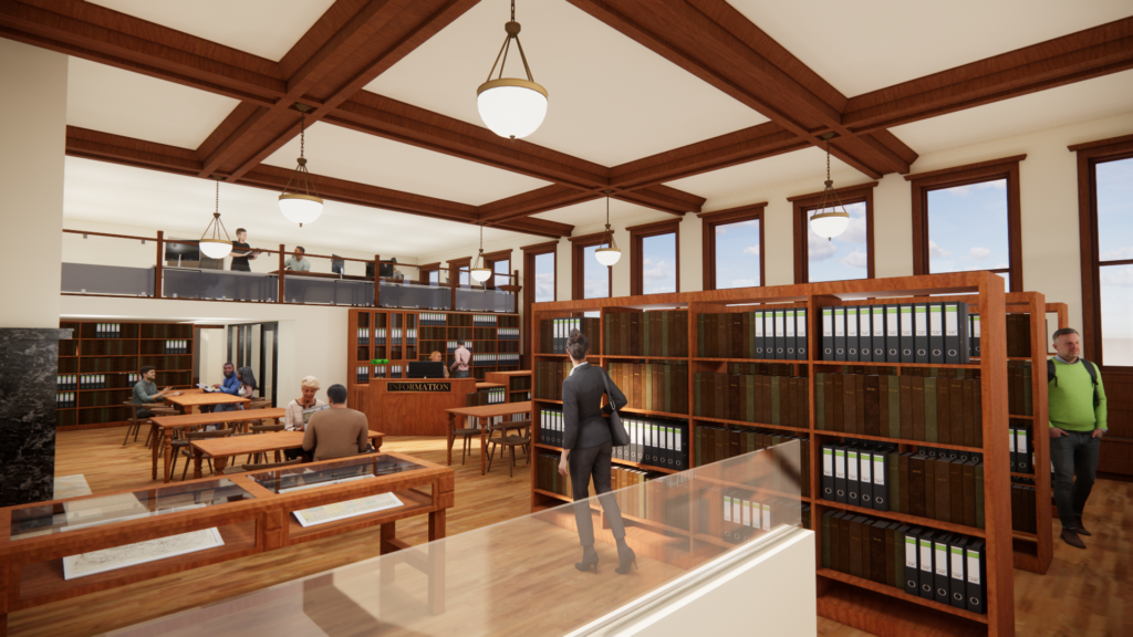 Interior rendering of a historic archive library featuring wooden shelves, research tables, document collections, and visitor study areas