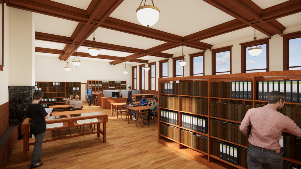 Wide interior rendering of a historic archive library with wooden bookshelves, archival records, reading tables, and visitors conducting research