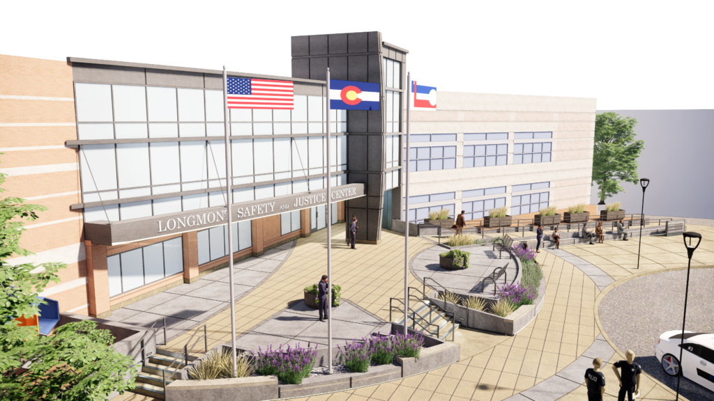Aerial architectural rendering of the Longmont Safety and Justice Center entrance with flags, landscaped plaza, and modern civic building design