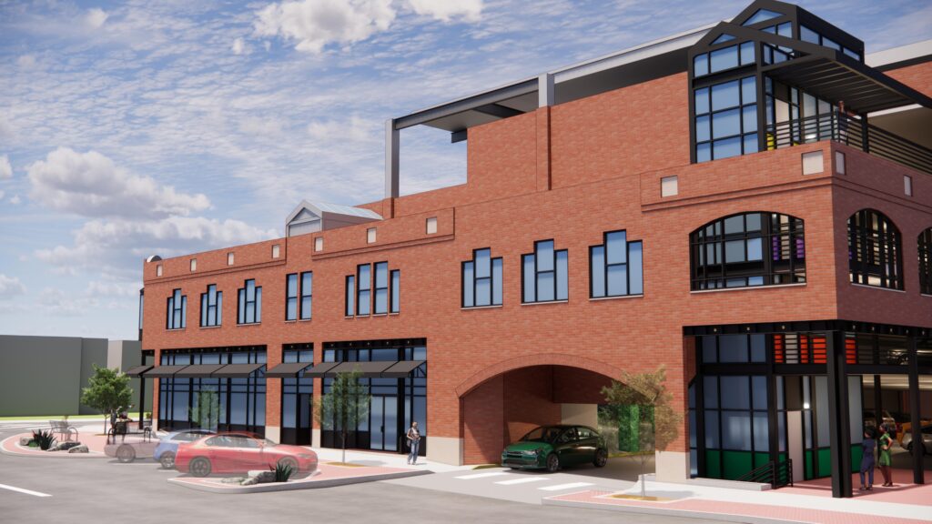 3D rendering of a modern brick commercial building with glass storefronts, arched entryway, and urban streetscape