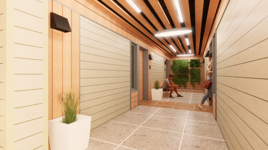 Modern interior hallway featuring wood ceiling panels, tiled flooring, indoor plants, and seating area