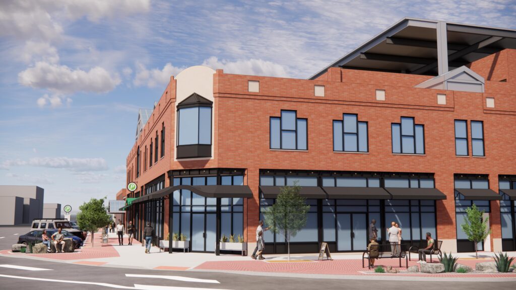 3D architectural rendering of a modern commercial building with brick facade, glass storefronts, and urban streetscape