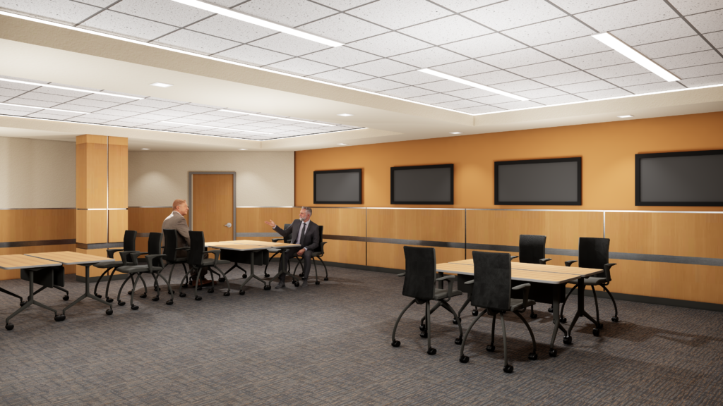 Modern conference room with office tables, chairs, display screens, and wood panel walls