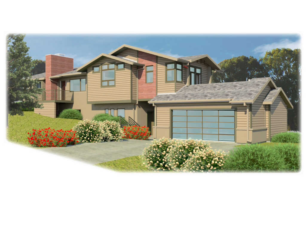 Modern custom home exterior with a large garage, sloped roof design, landscaped yard, and contemporary windows