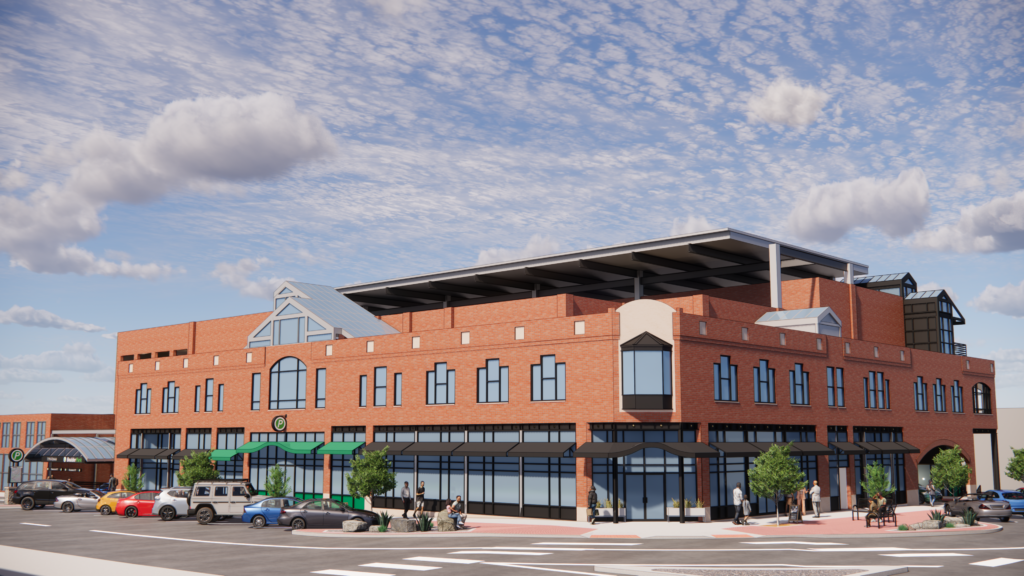 3D architectural rendering of a modern brick mixed-use commercial building with storefronts, parking, and urban landscaping