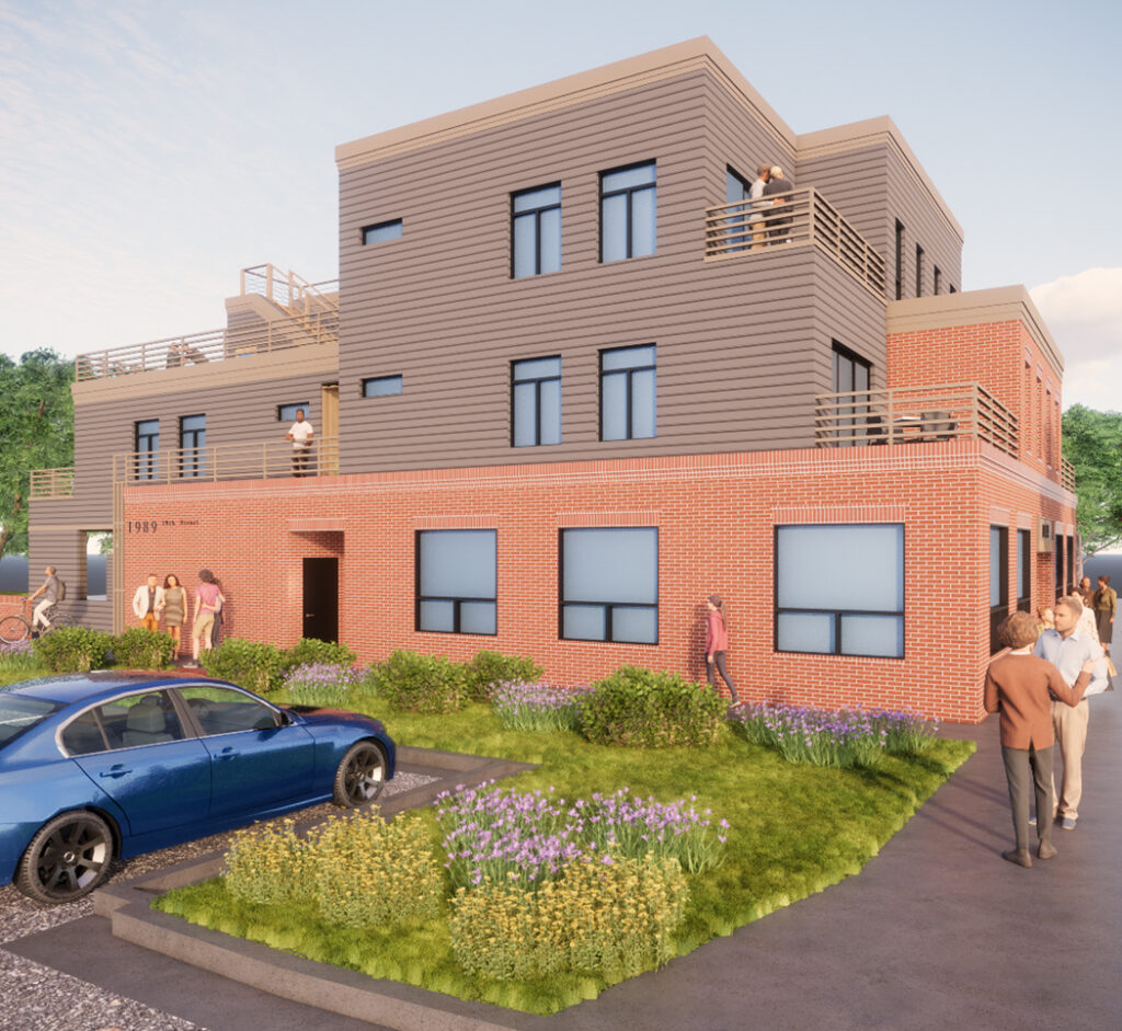 3D architectural rendering of a modern residential apartment building with brick facade, balconies, landscaping, and parking area