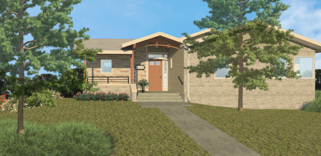 Modern single-story house exterior with stone walls, wood accents, large windows, and landscaped front yard