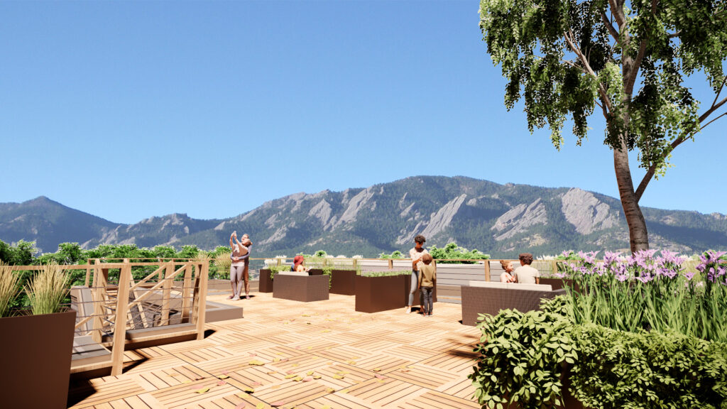 3D architectural rendering of a rooftop terrace with seating areas, greenery, and mountain views