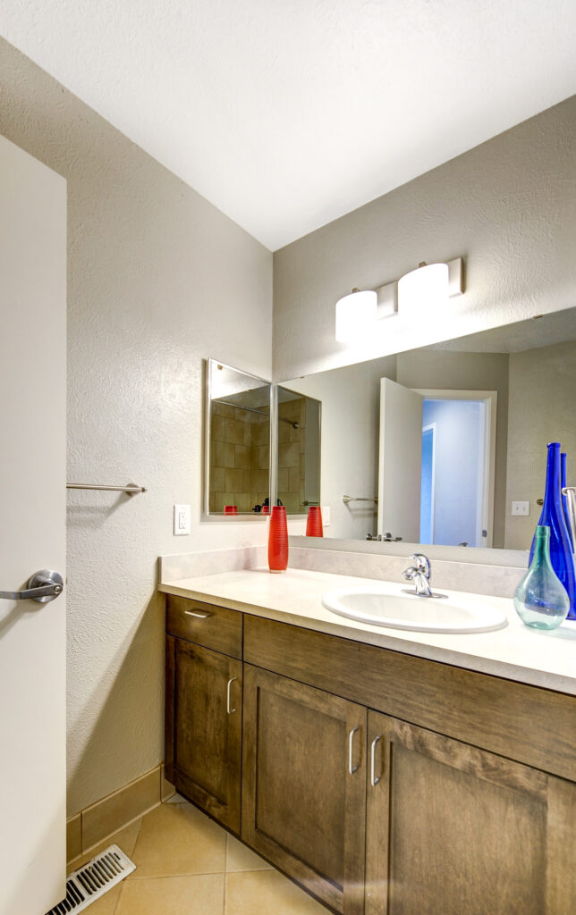 Modern bathroom vanity with large mirror, sink, wooden cabinets, and contemporary interior design