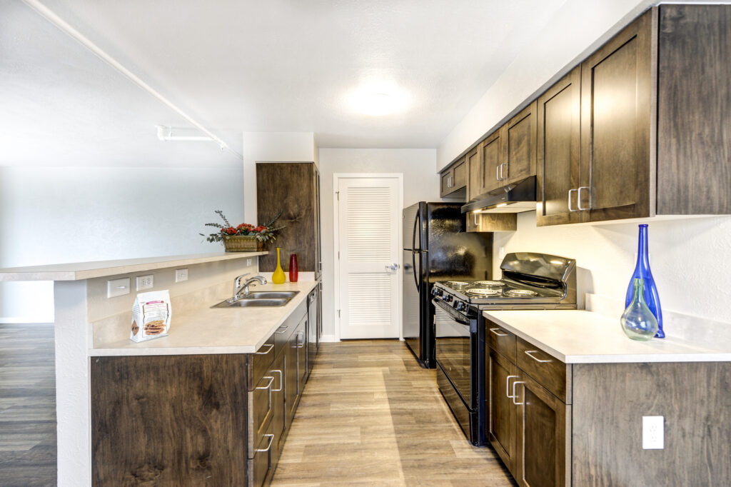 Contemporary kitchen layout with dark cabinets, countertops, stove, sink, and modern apartment interior design