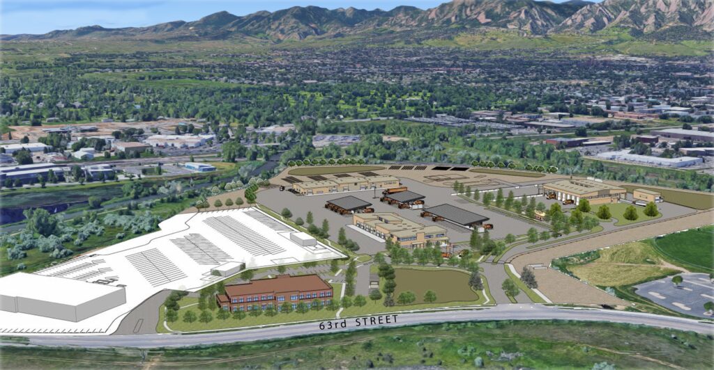 Aerial architectural rendering showing an industrial campus master plan with buildings, roads, landscaping, and site development layout