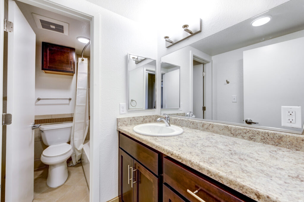 Modern bathroom vanity with large mirror, countertop sink, and contemporary interior design