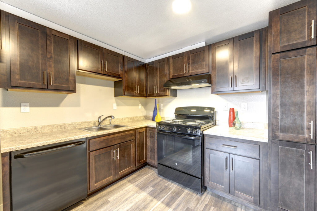 Modern kitchen interior with dark wood cabinets, granite countertop, stove, and built-in appliances