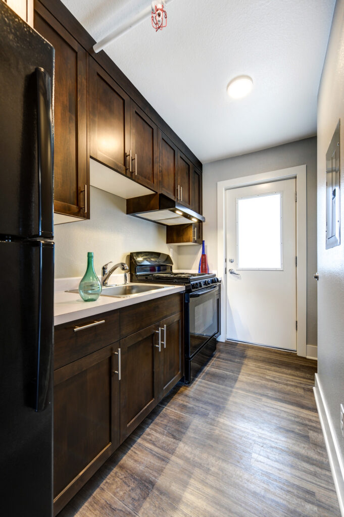Modern apartment kitchen interior with dark wood cabinets, appliances, countertop, and contemporary design