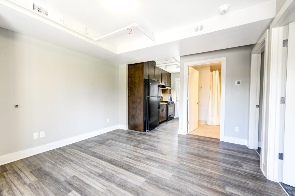 Open living room interior with modern kitchen, wood flooring, and contemporary apartment design