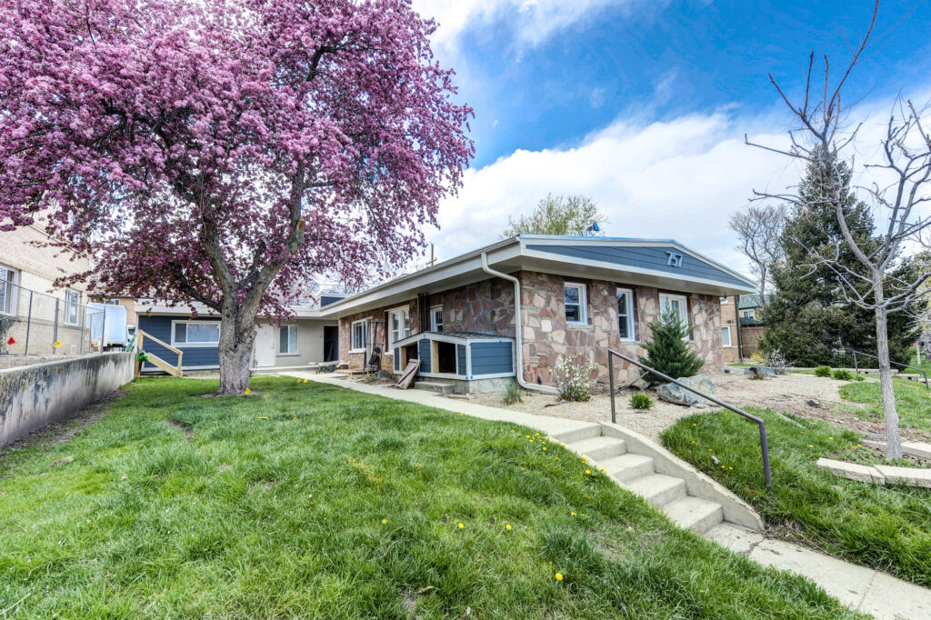 Residential building exterior with stone facade, green landscape, trees, and modern architectural design