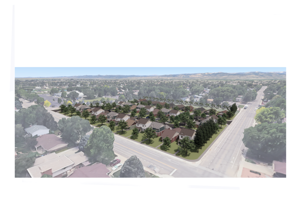 Aerial architectural rendering showing a planned residential community with single-family homes, streets, trees, and landscaped areas