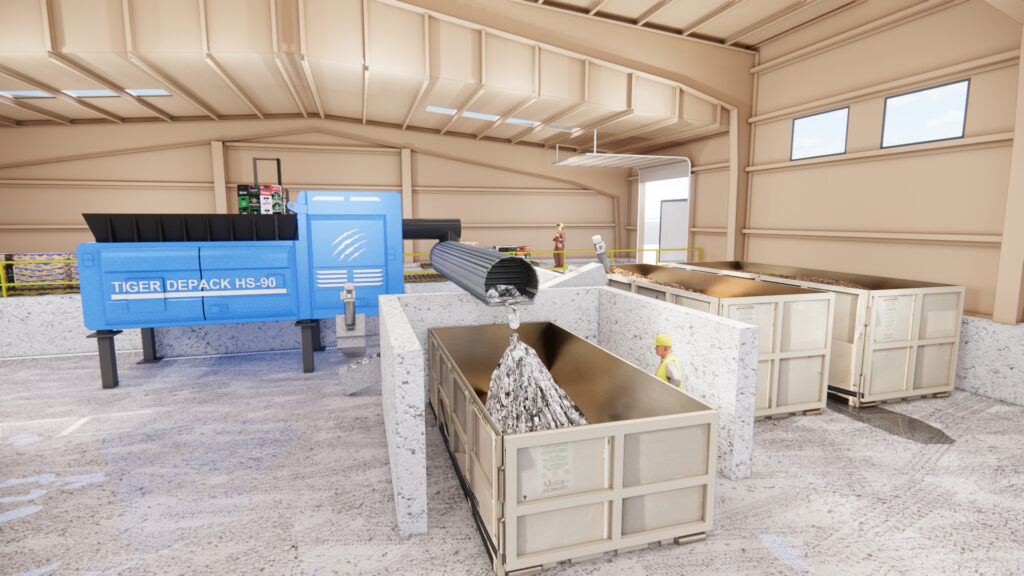 Industrial facility interior with processing equipment, conveyor system, collection bins, and material handling operations