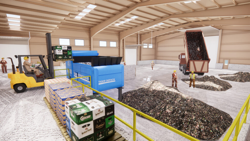 Industrial warehouse interior with forklifts, pallets, loading trucks, storage materials, and equipment for logistics operations