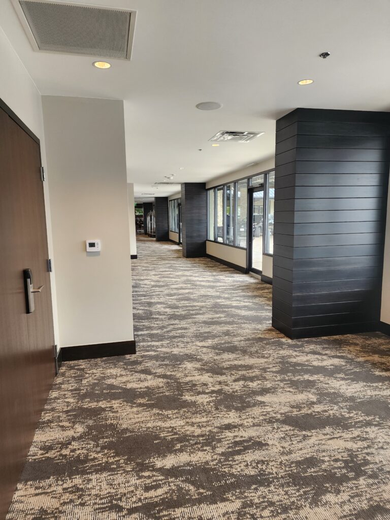 Modern commercial building interior corridor with glass windows, carpet flooring, and contemporary wall design