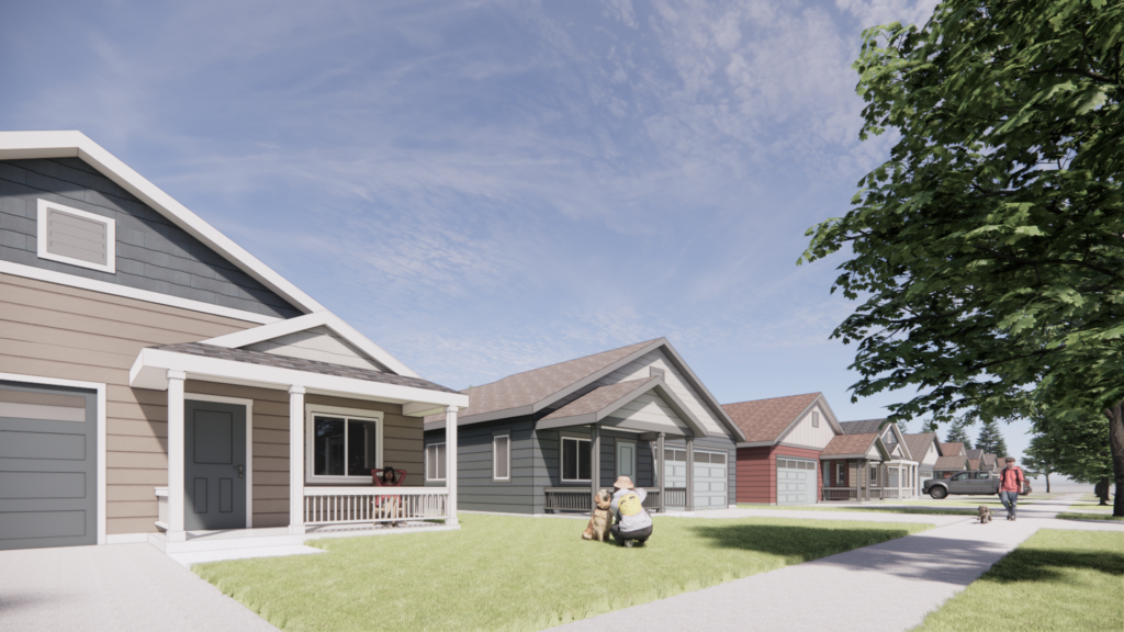 Modern suburban neighborhood with single-family homes, front porches, garages, green lawns, and pedestrian sidewalks