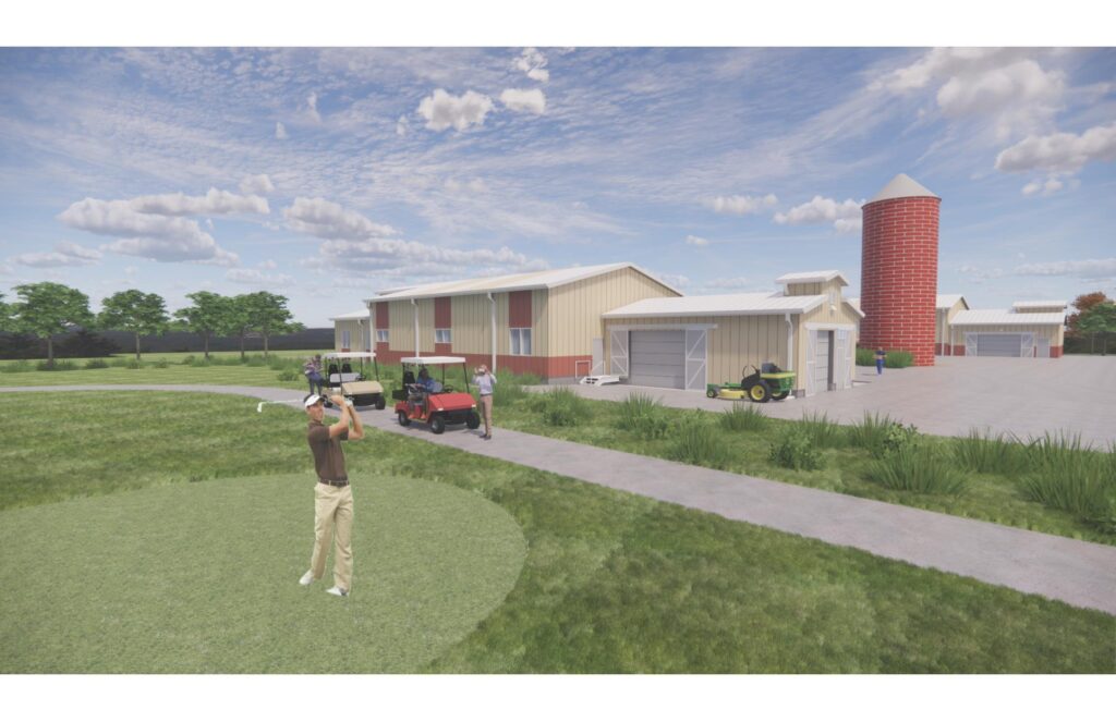 3D architectural rendering of a rural farm facility with barn buildings, silo, pathways, and landscaped outdoor area