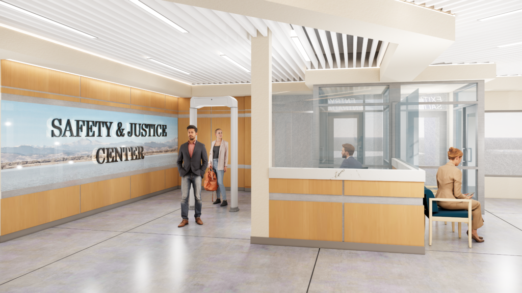 Modern Safety and Justice Center lobby interior with reception desk, glass offices, and contemporary architectural design